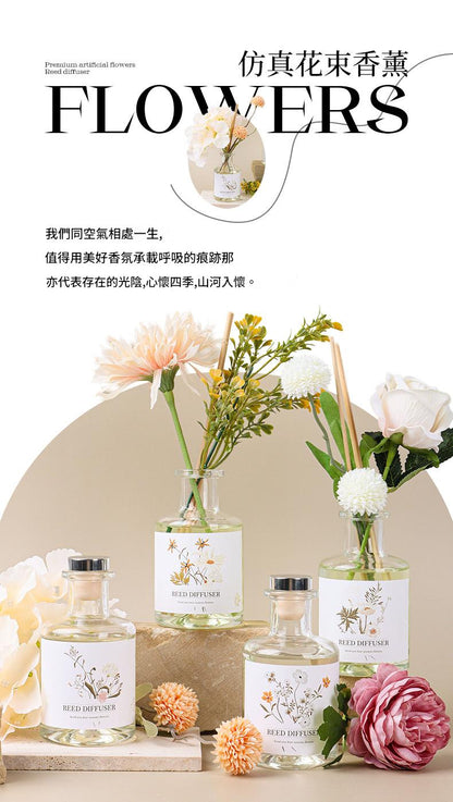 Floral arrangements and bottles with labels on a neutral background