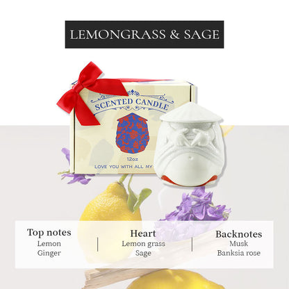 Scented candle with packaging and botanical elements on a white background