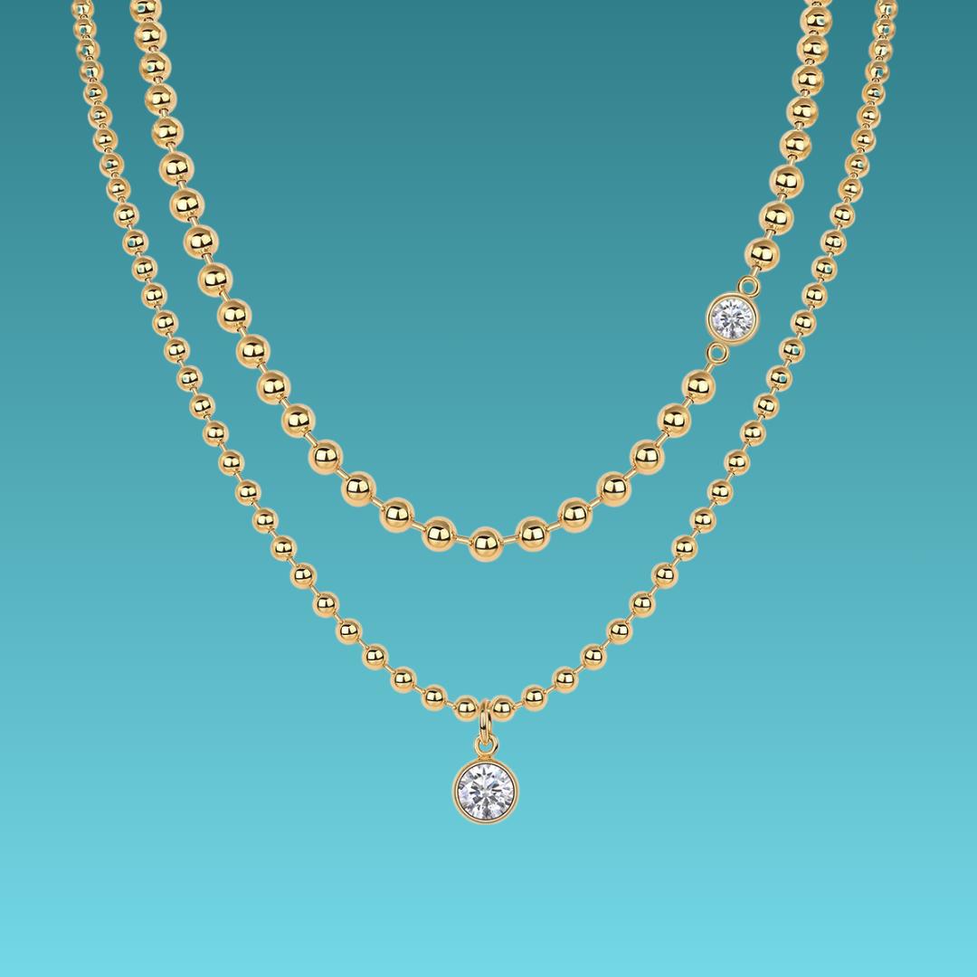 金色圓珠鏈925銀鑽石鎖骨鏈 Golden Bead Chain 925 Silver diamond Collarbone Necklace-1019 Aquafilo