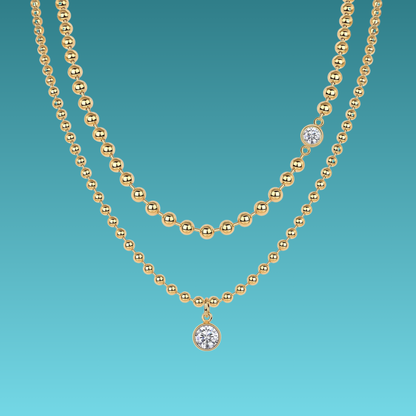 金色圓珠鏈925銀鑽石鎖骨鏈 Golden Bead Chain 925 Silver diamond Collarbone Necklace-1019 Aquafilo