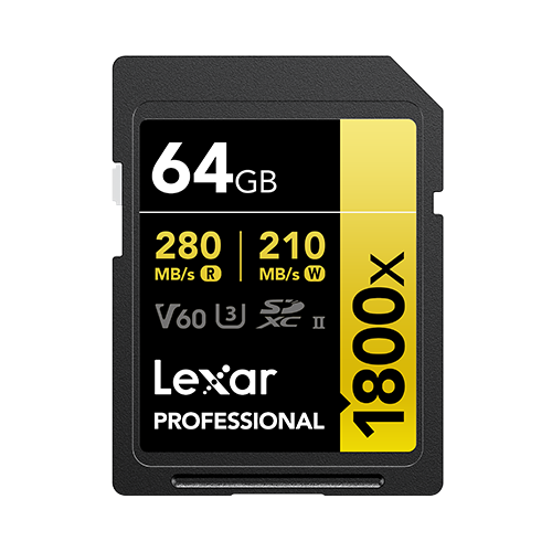 LEXAR PROFESSIONAL 1800X SDXC™ UHS-II CARD GOLD SERIES 64GB 
(up to 280MB/s read, up to 210MB/s write)