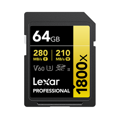 LEXAR PROFESSIONAL 1800X SDXC™ UHS-II CARD GOLD SERIES 64GB 
(up to 280MB/s read, up to 210MB/s write)