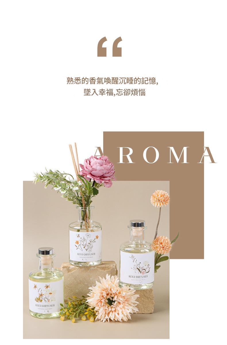 Aromatherapy products with flowers on a neutral background, featuring the brand 'AROMA'.