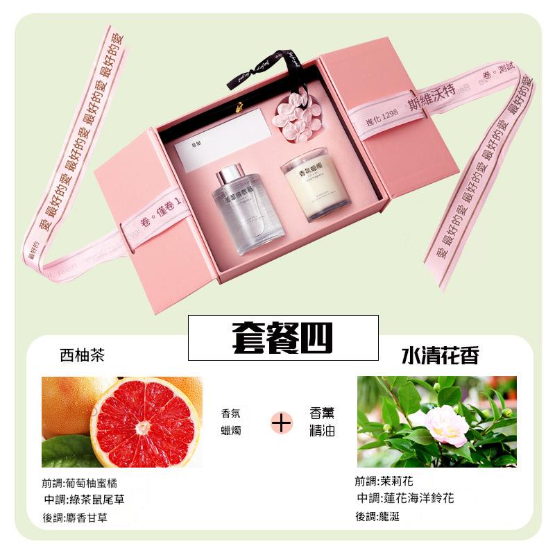 Gift set with a pink box containing a bottle and a candle, on a light green background.