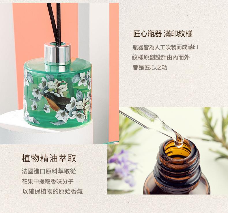 Decorative diffuser with floral design and close-up of essential oil dropper with plant background