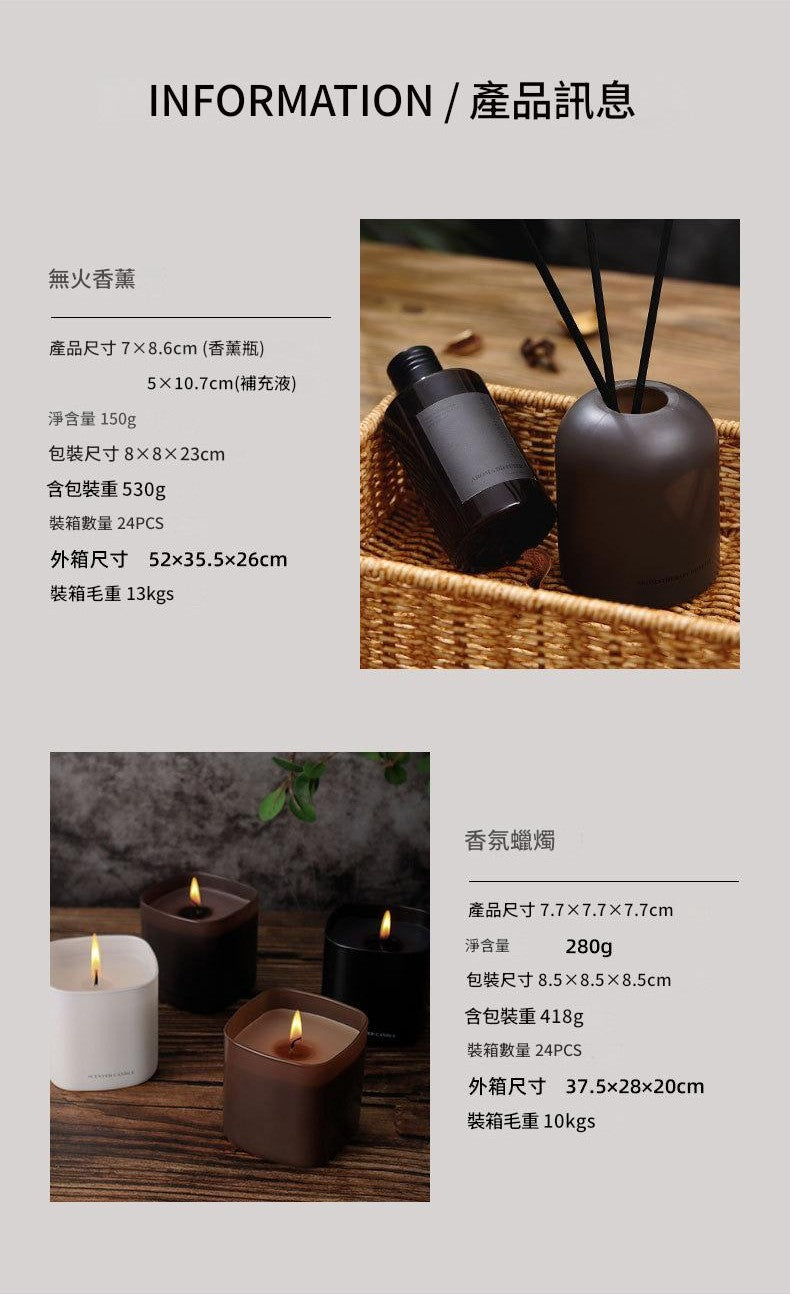 Product information for a candle and diffuser set on a wooden surface.