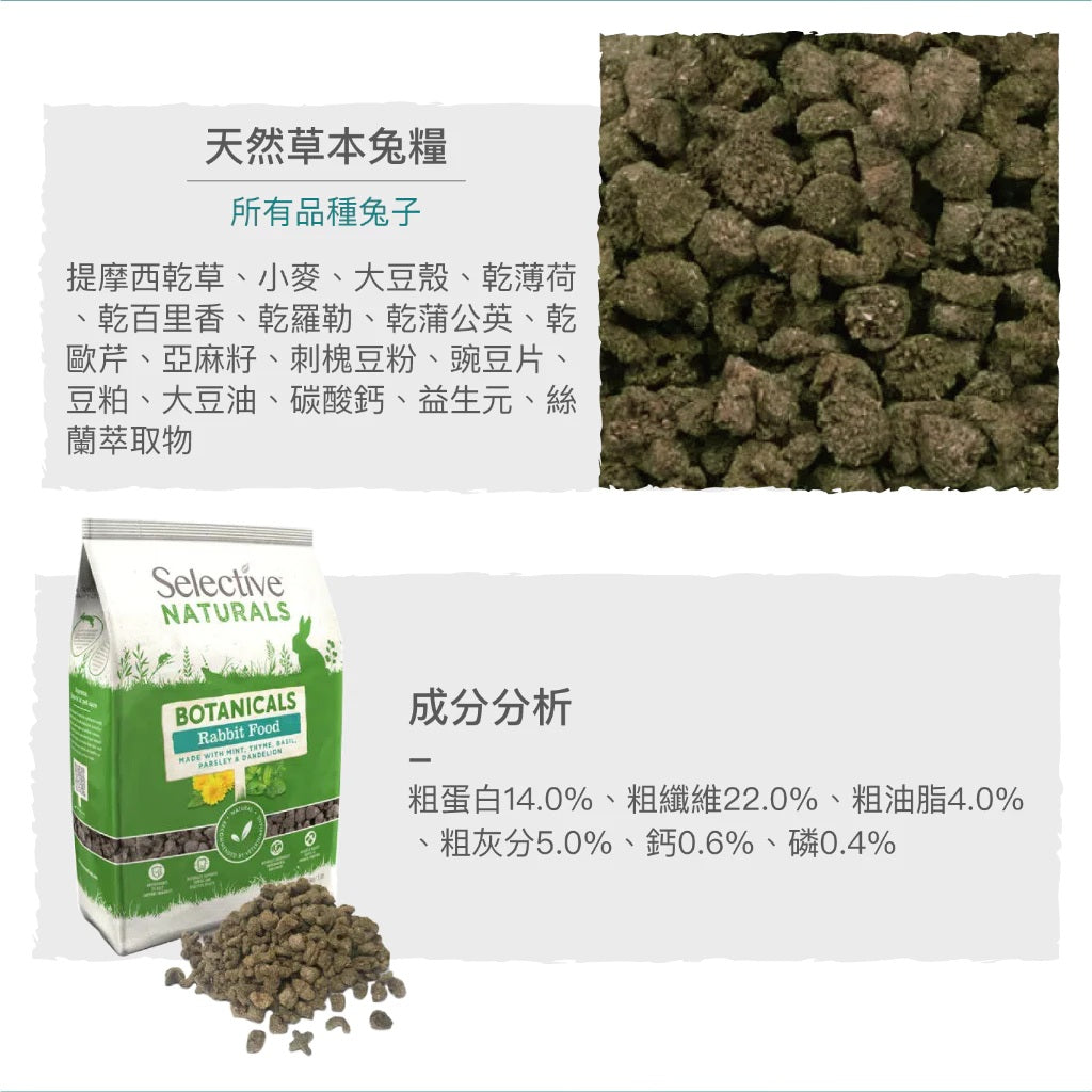 Selective Naturals Botanicals Rabbit Food packaging with rabbit food pellets on a white background