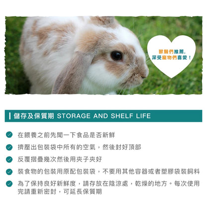 Small rabbit on grass with text about storage and shelf life