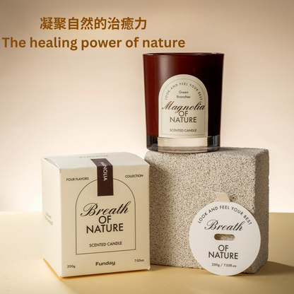 Scented candle and packaging with 'Breath of Nature' branding on a beige background