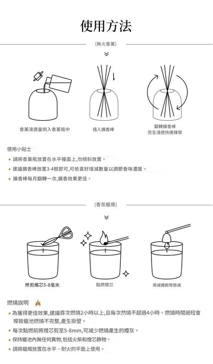 Instructions for using a reed diffuser with illustrations and text.