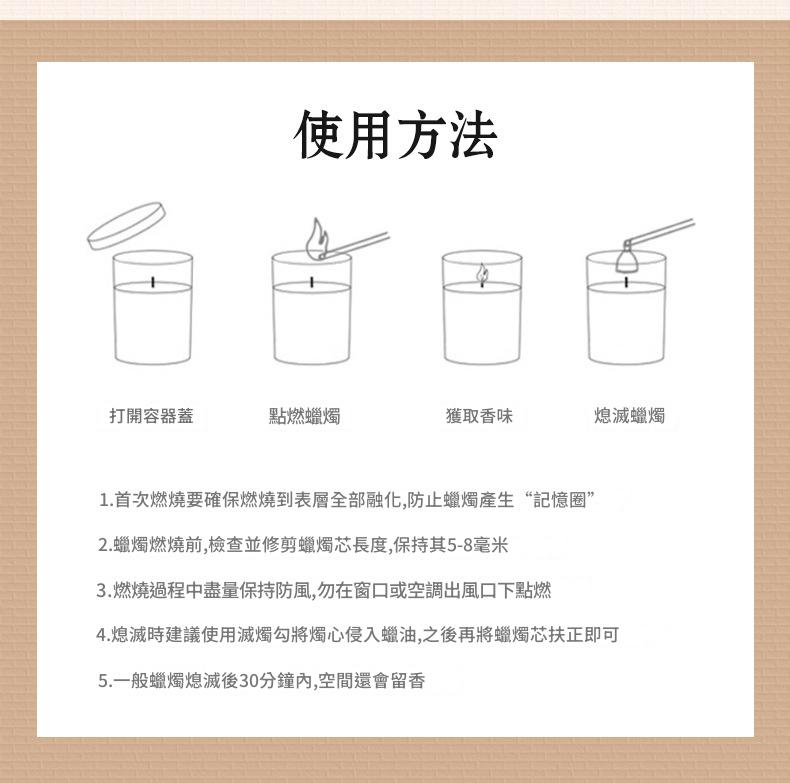 Instructions for using a candle with illustrations and text on a beige background