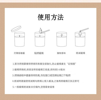 Instructions for using a candle with illustrations and text on a beige background