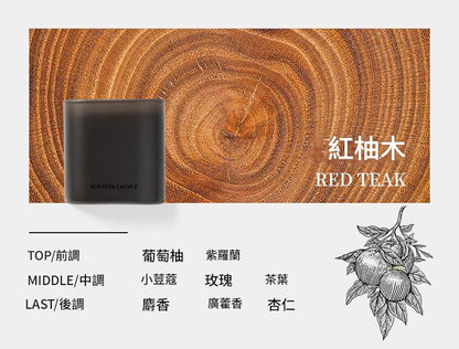 Black candle with 'WISDOM CANDLE' branding on a wooden background labeled 'Red Teak'.
