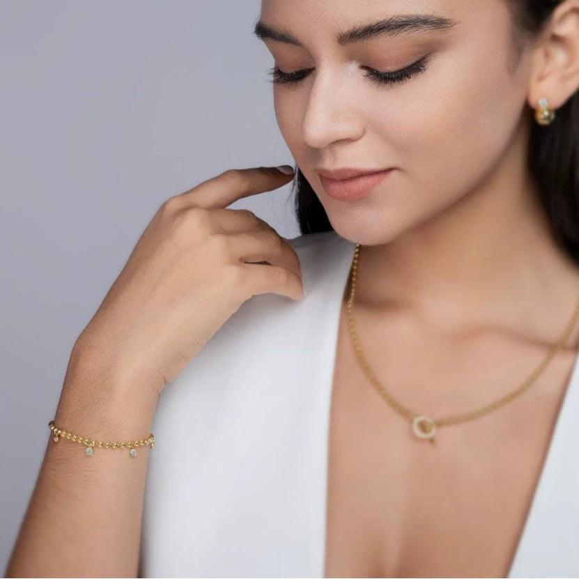 金色圓珠925銀鑽石手鏈 Golden Bead 925 Silver diamond Bracelet-1015 Aquafilo
