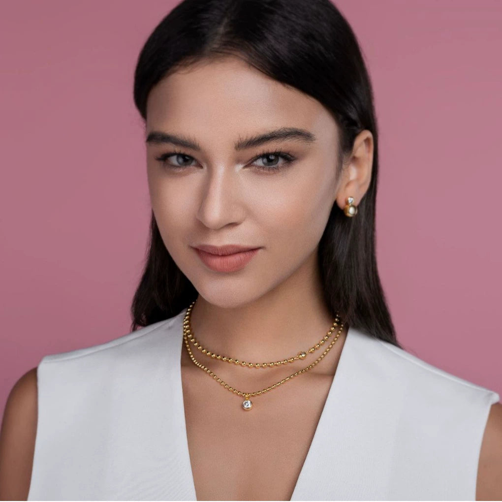 金色圓珠鏈925銀鑽石鎖骨鏈 Golden Bead Chain 925 Silver diamond Collarbone Necklace-1019 Aquafilo