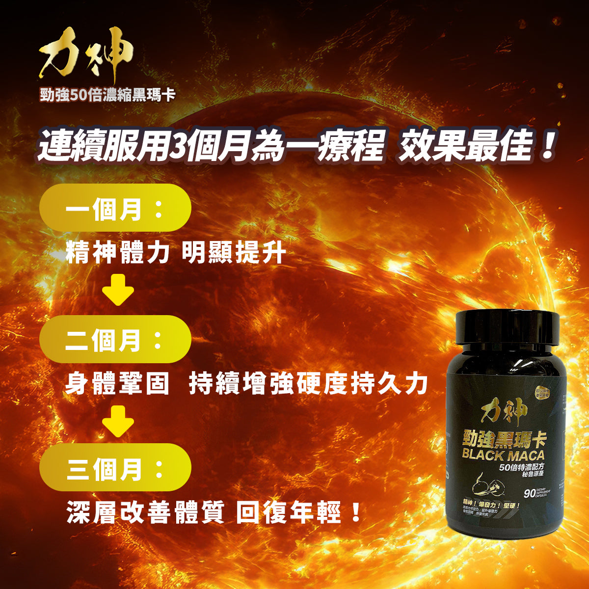 Maca supplement bottle with fiery background and Chinese text