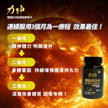 Maca supplement bottle with fiery background and Chinese text