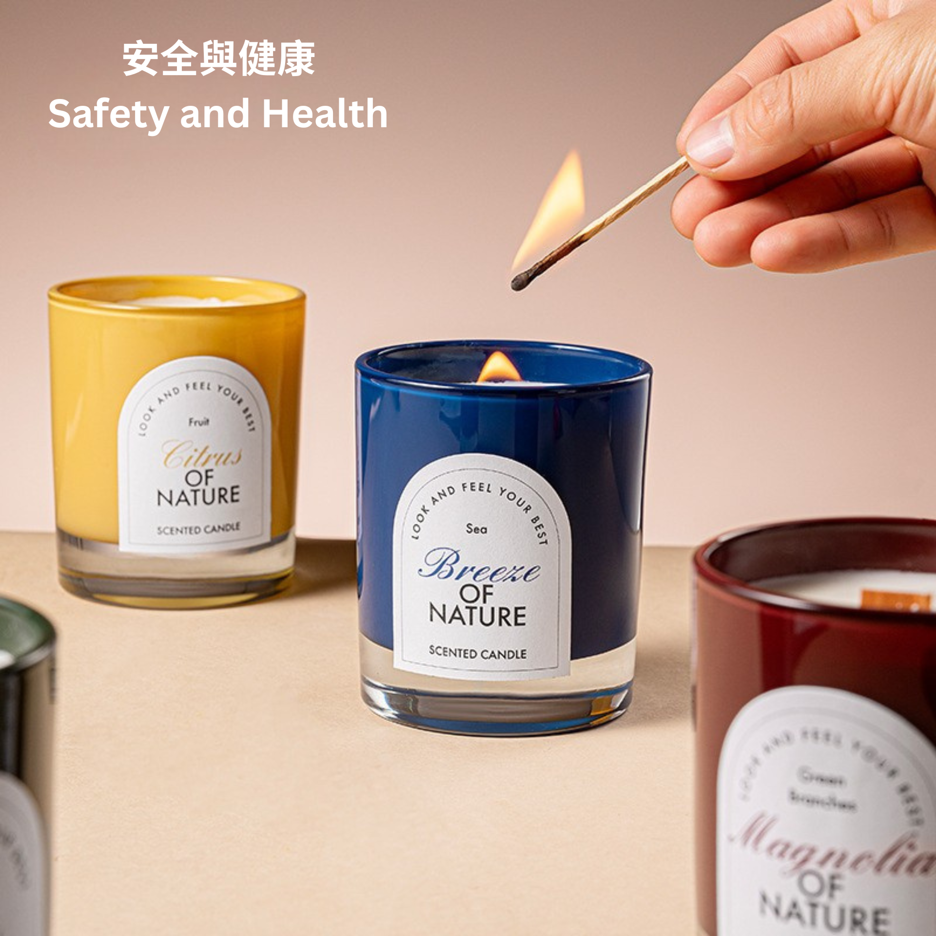 Hand lighting a scented candle labeled 'Breeze of Nature' with other candles in the background.