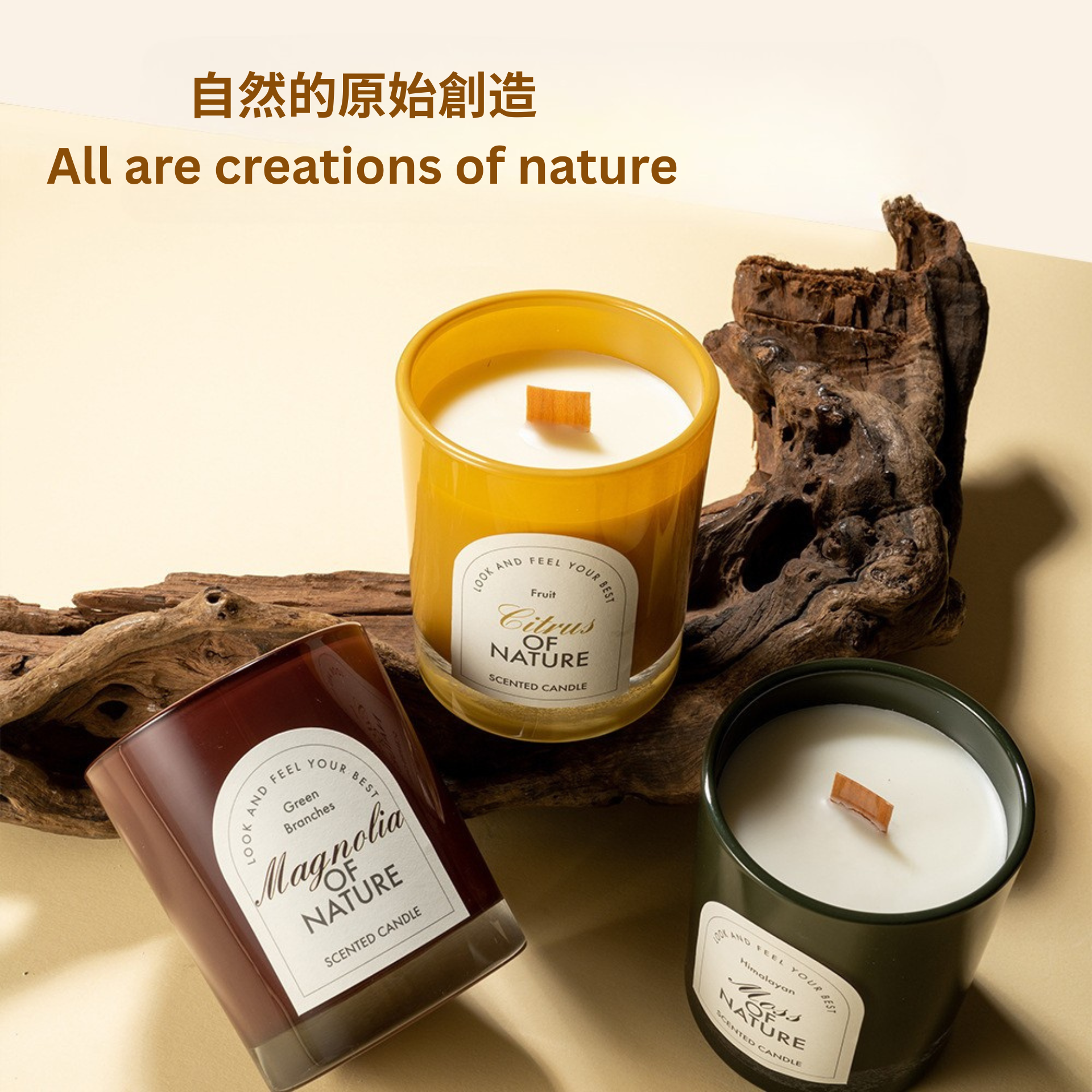 Three scented candles with labels on a beige background, featuring the text 'All are creations of nature'.